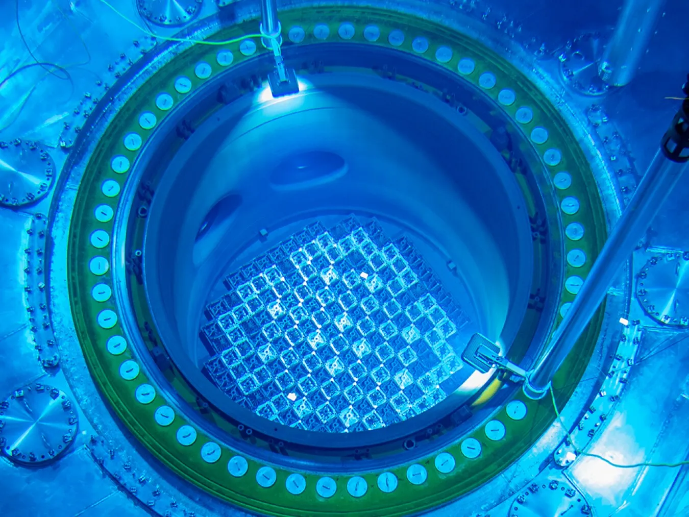 Looking down into an open reactor vessel at Plant Vogtle during a fuel load that included Westinghouse lead test assemblies of LEU+ fuel, enriched above 5 percent uranium-235.
