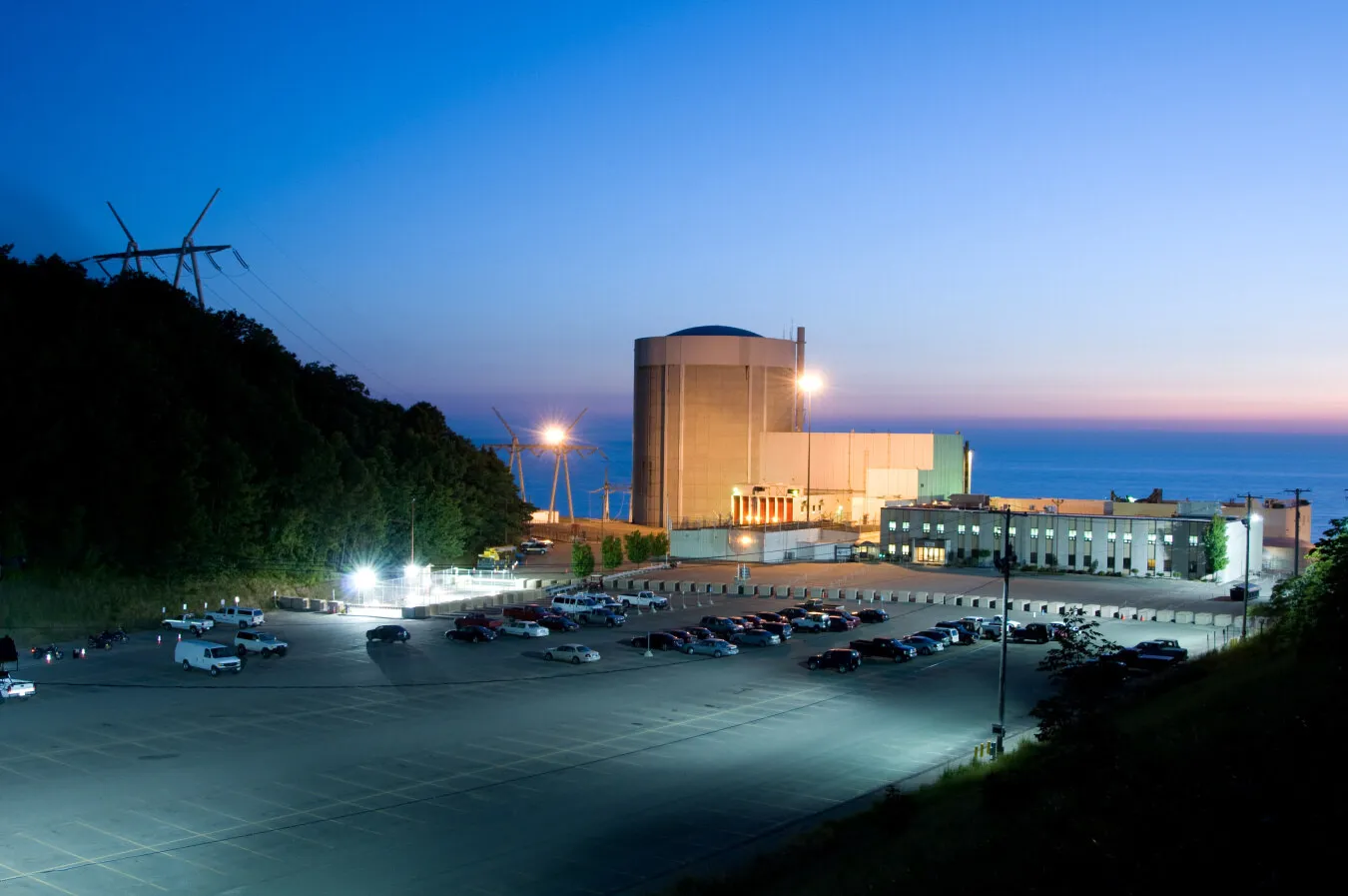 Palisades Nuclear Plant on the Lake Michigan shoreline in Covert Township, Michigan, photographed at dusk.