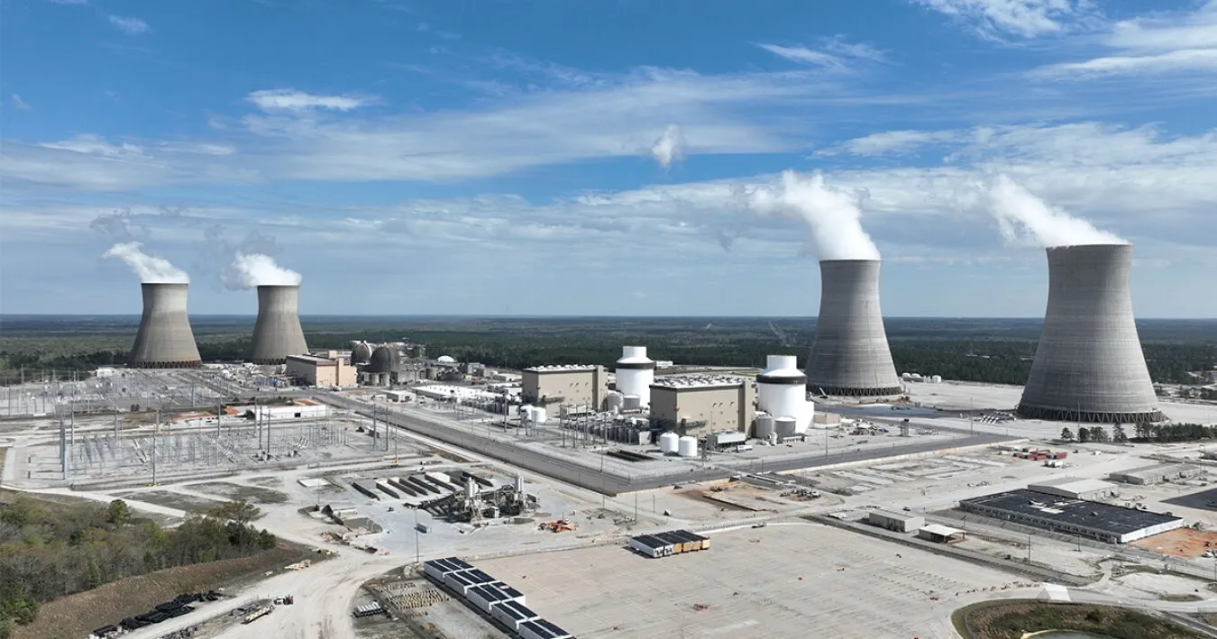 Aerial view of Plant Vogtle near Waynesboro, Georgia, showing all four units and their cooling towers; Units 3 and 4 are the newest reactors built in the United States.